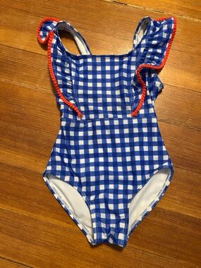 Cat & Jack Blue Gingham One-Piece Swimsuit with Red Trim